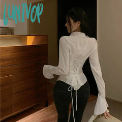 Lunivop Fashion Women Bandage Shirts Korean All Match Streetwear Female Slim Blouse Spring Casual