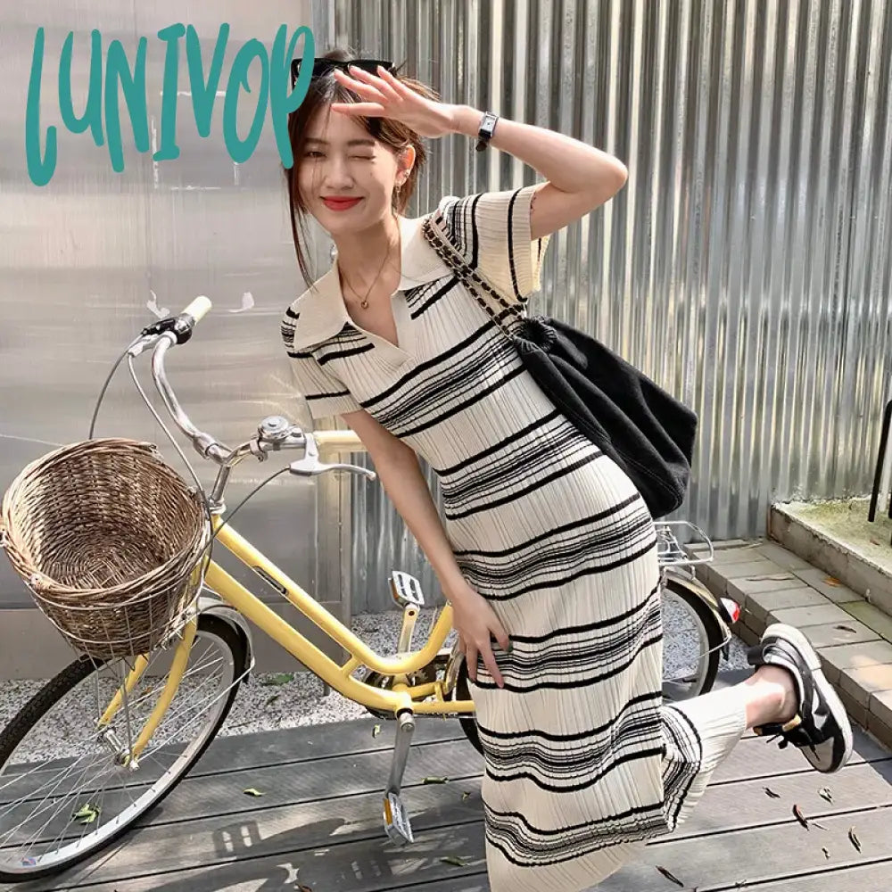 Lunivop Fashion Women Short Sleeve Chic Summer Polo Collar Knitted Stripes Dressnew Slim Elastic