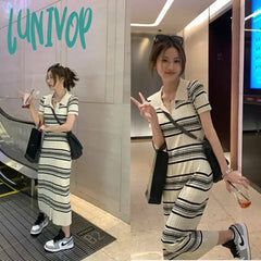 Lunivop Fashion Women Short Sleeve Chic Summer Polo Collar Knitted Stripes Dressnew Slim Elastic