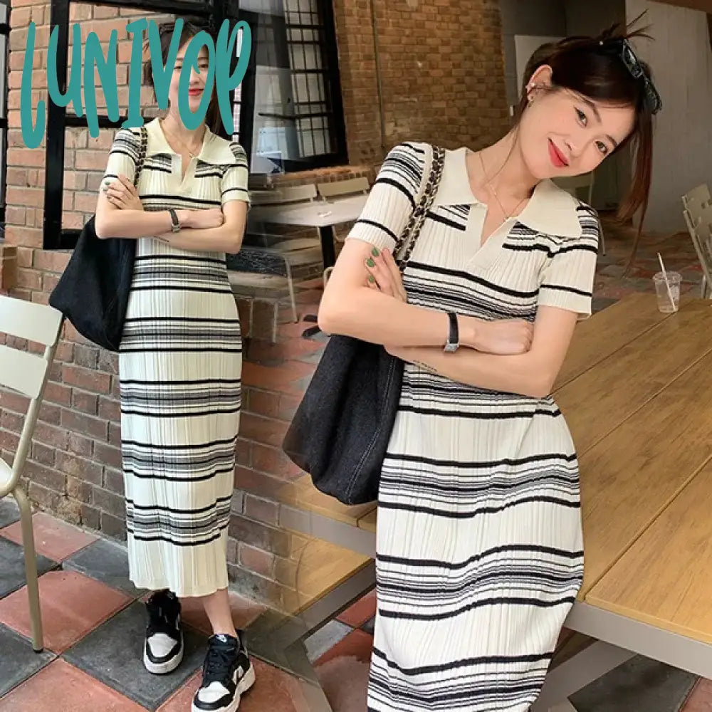 Lunivop Fashion Women Short Sleeve Chic Summer Polo Collar Knitted Stripes Dressnew Slim Elastic