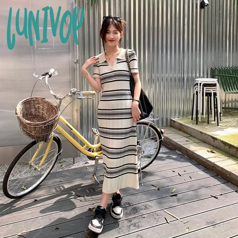 Lunivop Fashion Women Short Sleeve Chic Summer Polo Collar Knitted Stripes Dressnew Slim Elastic