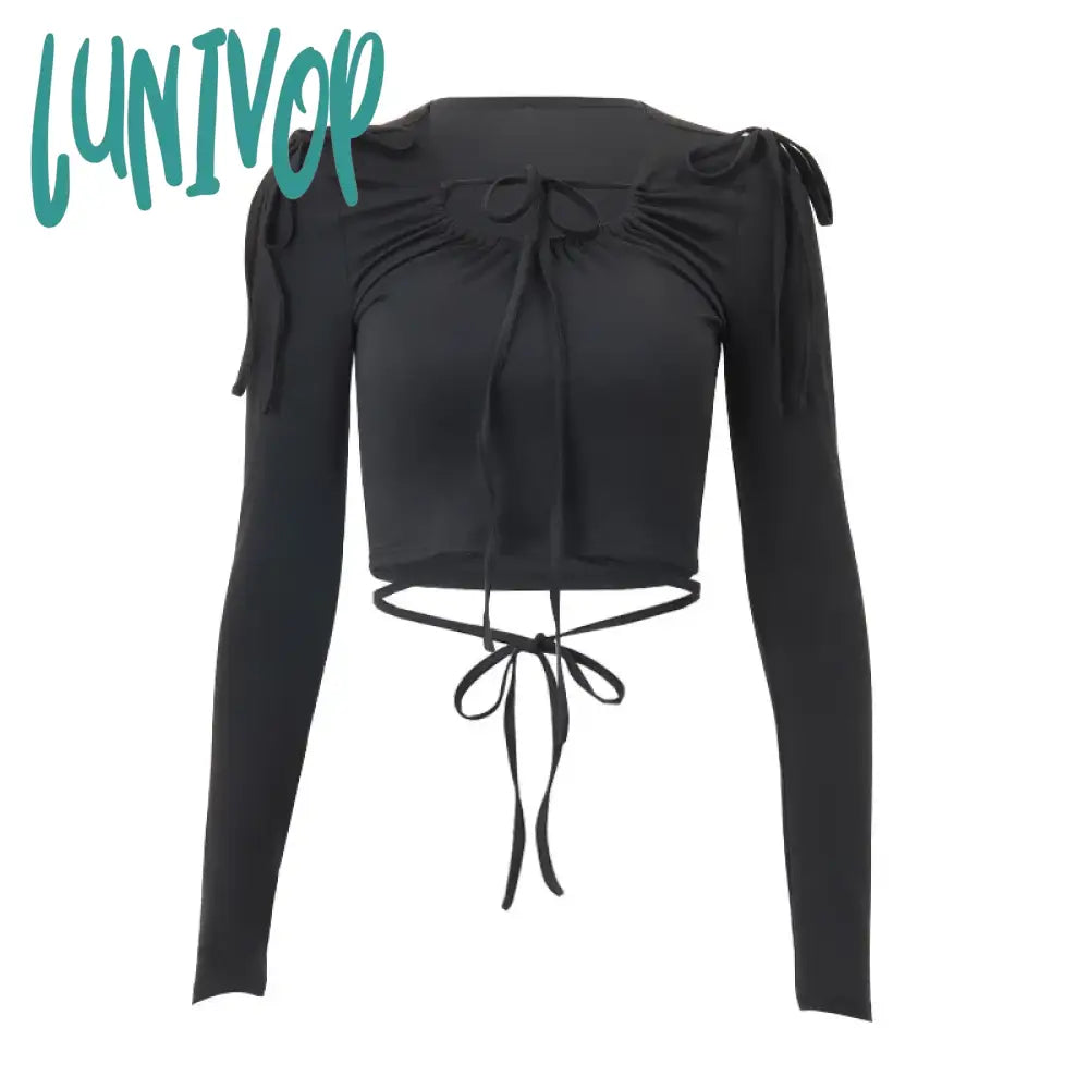 Lunivop Fashion Y2K Dark Punk T-Shirt Women Streetwear U-Neck Pleated Lace-Up Short Slim