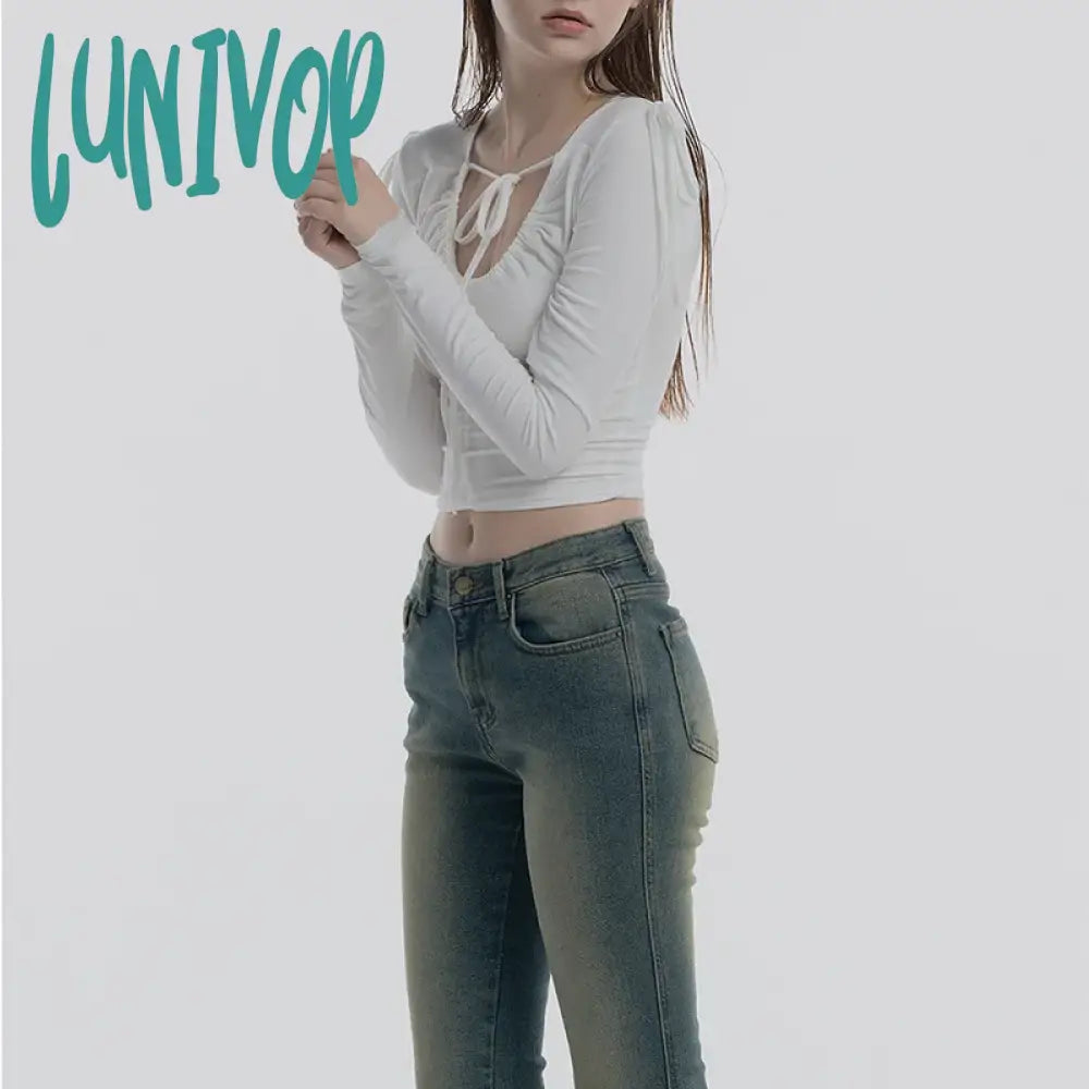 Lunivop Fashion Y2K Dark Punk T-Shirt Women Streetwear U-Neck Pleated Lace-Up Short Slim