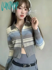 Lunivop Female Vintage Striped Crop Knit Cardigan Women Zipper Knitwear New Outerwear Y2K Tops