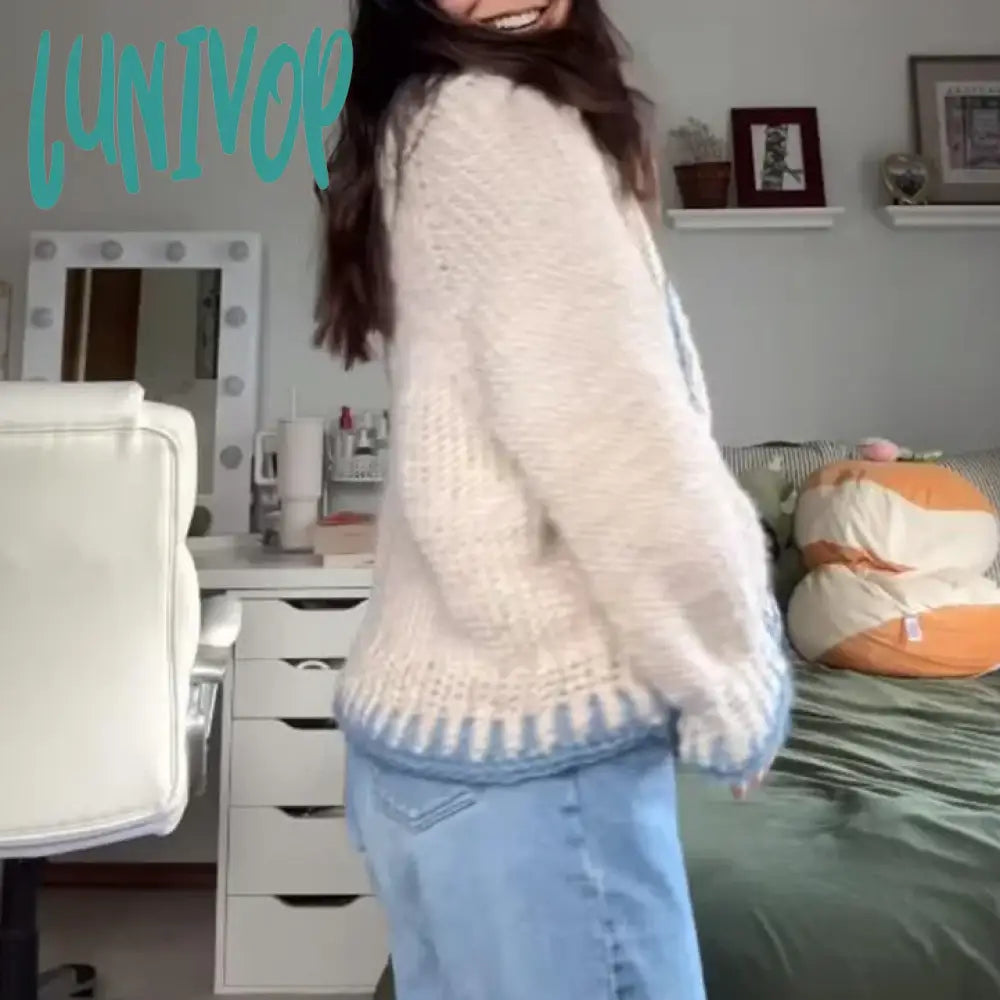 Lunivop Fish Contrast Color Warm Sweater For Fall Winter Y2K Knitwear Aesthetic Knitted Vintage