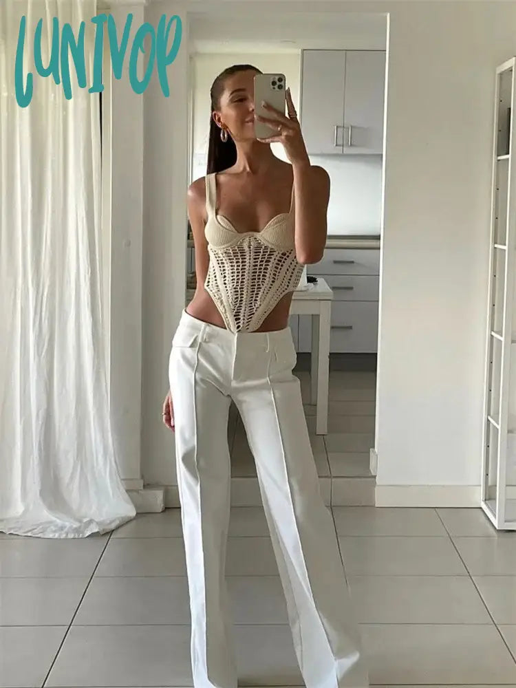 Lunivop Fishbone Waist Crocheted Knitted Crop Tops Women Vest Tee 2024 Summer Sexy Sleeveless