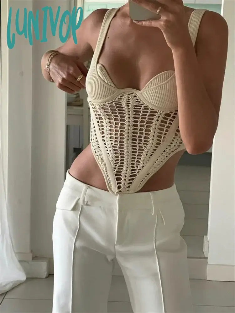Lunivop Fishbone Waist Crocheted Knitted Crop Tops Women Vest Tee 2024 Summer Sexy Sleeveless