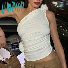 Lunivop Floral Applique Sexy Crop Tops For Women Summer Club Party Irregular Y2K Tank White