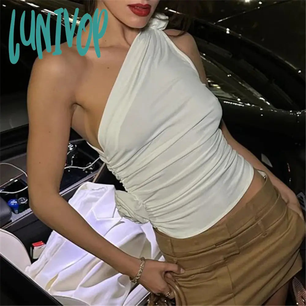 Lunivop Floral Applique Sexy Crop Tops For Women Summer Club Party Irregular Y2K Tank White