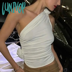 Lunivop Floral Applique Sexy Crop Tops For Women Summer Club Party Irregular Y2K Tank White