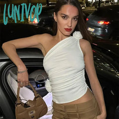 Lunivop Floral Applique Sexy Crop Tops For Women Summer Club Party Irregular Y2K Tank White