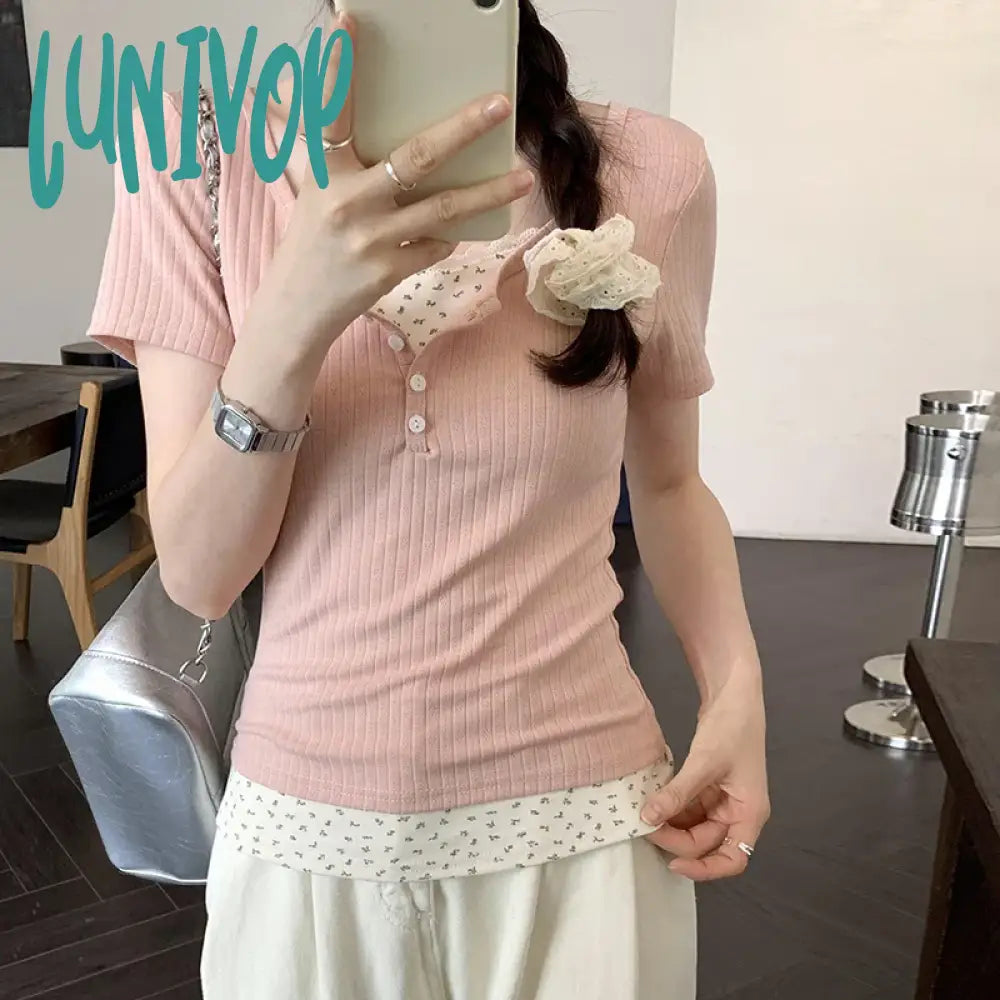 Lunivop Floral Lace Short Sleeve T-Shirt Women’s 2024 Summer New Korean Style Chic T Shirt Female