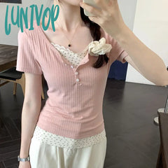 Lunivop Floral Lace Short Sleeve T-Shirt Women’s 2024 Summer New Korean Style Chic T Shirt Female