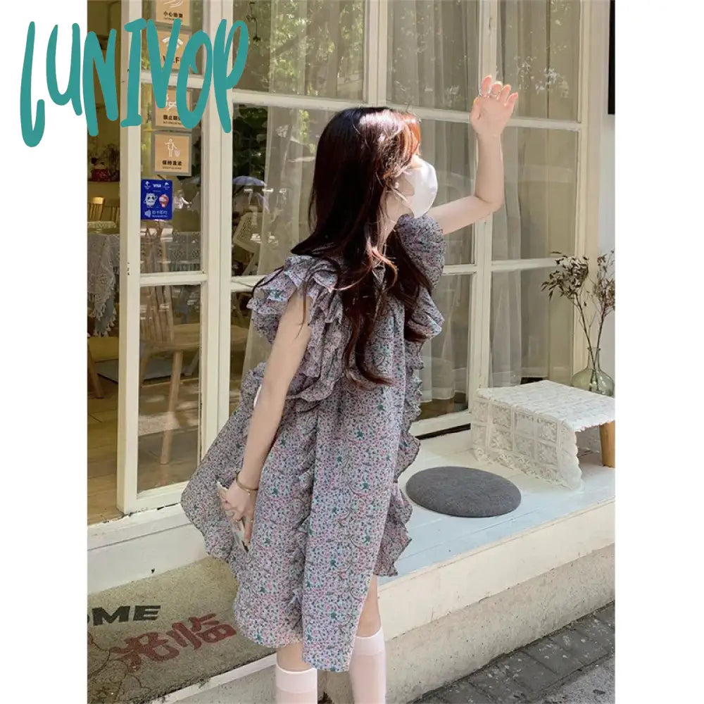 Lunivop Floral Mini Dress Women Sweet Print Flying Sleeve A Line Dresses Summer Korean Streetwear