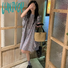 Lunivop Floral Mini Dress Women Sweet Print Flying Sleeve A Line Dresses Summer Korean Streetwear