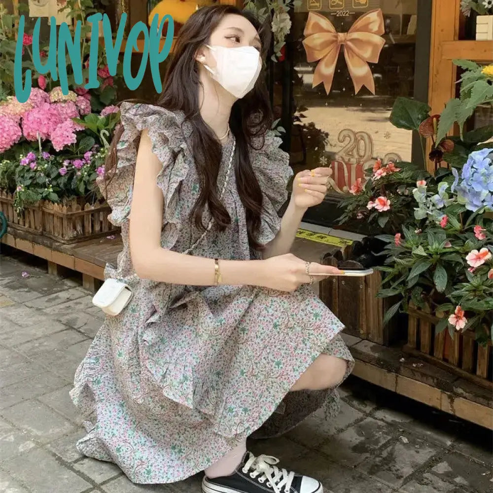 Lunivop Floral Mini Dress Women Sweet Print Flying Sleeve A Line Dresses Summer Korean Streetwear