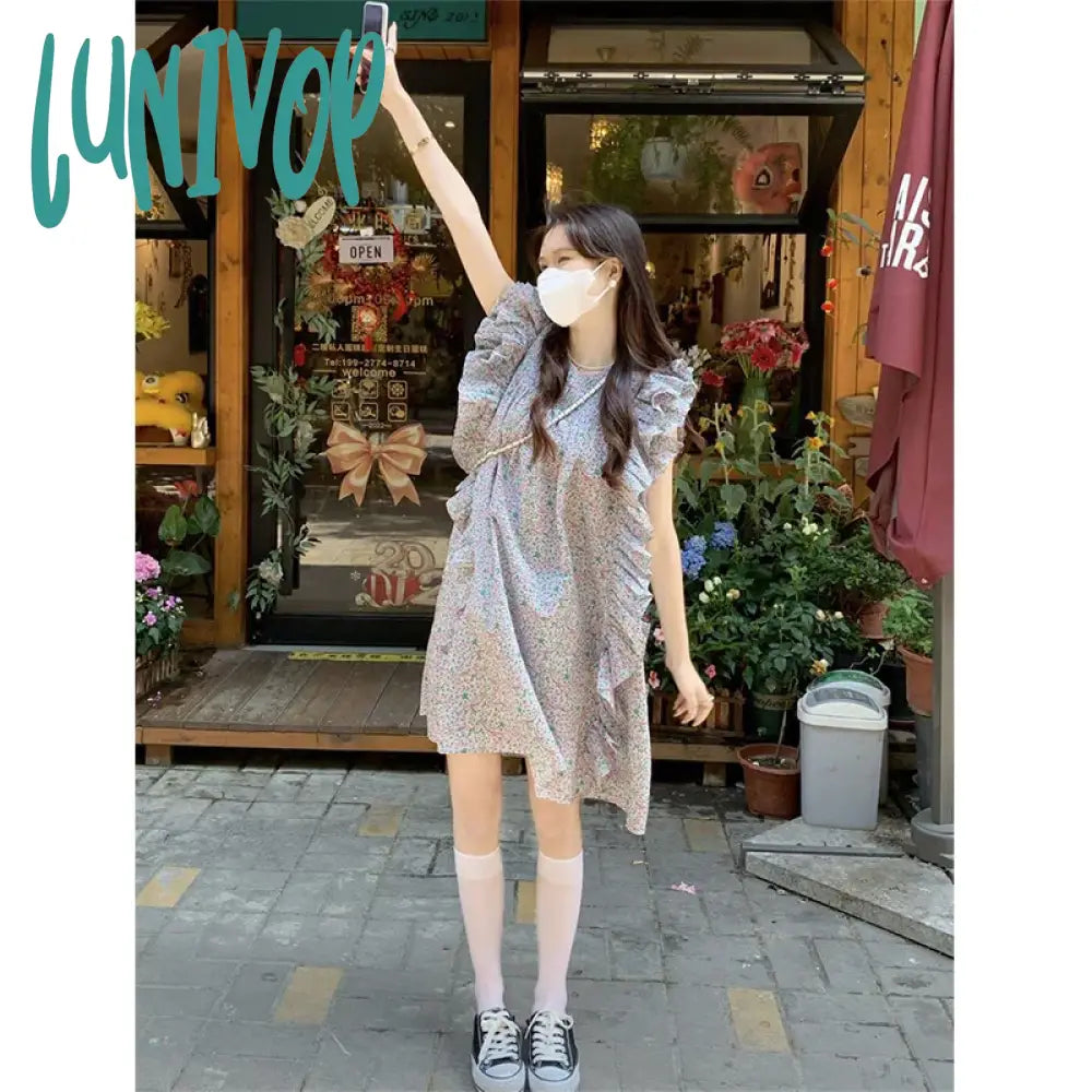 Lunivop Floral Mini Dress Women Sweet Print Flying Sleeve A Line Dresses Summer Korean Streetwear