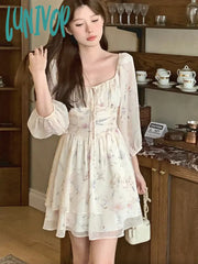 Lunivop Floral Print Dress Women Ruffled Korean Fashion Party Mini Female Strappy Vintage Princess