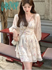Lunivop Floral Print Dress Women Ruffled Korean Fashion Party Mini Female Strappy Vintage Princess
