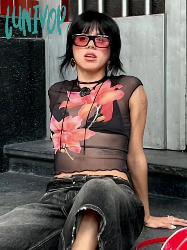 Lunivop Floral Print Graphic T Shirts For Women Aesthetic Clothes Mesh See Through Y2K Accessories