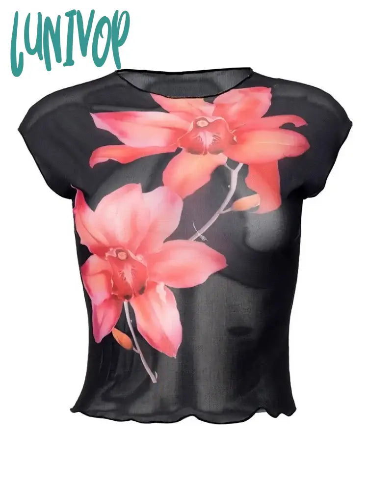Lunivop Floral Print Graphic T Shirts For Women Aesthetic Clothes Mesh See Through Y2K Accessories
