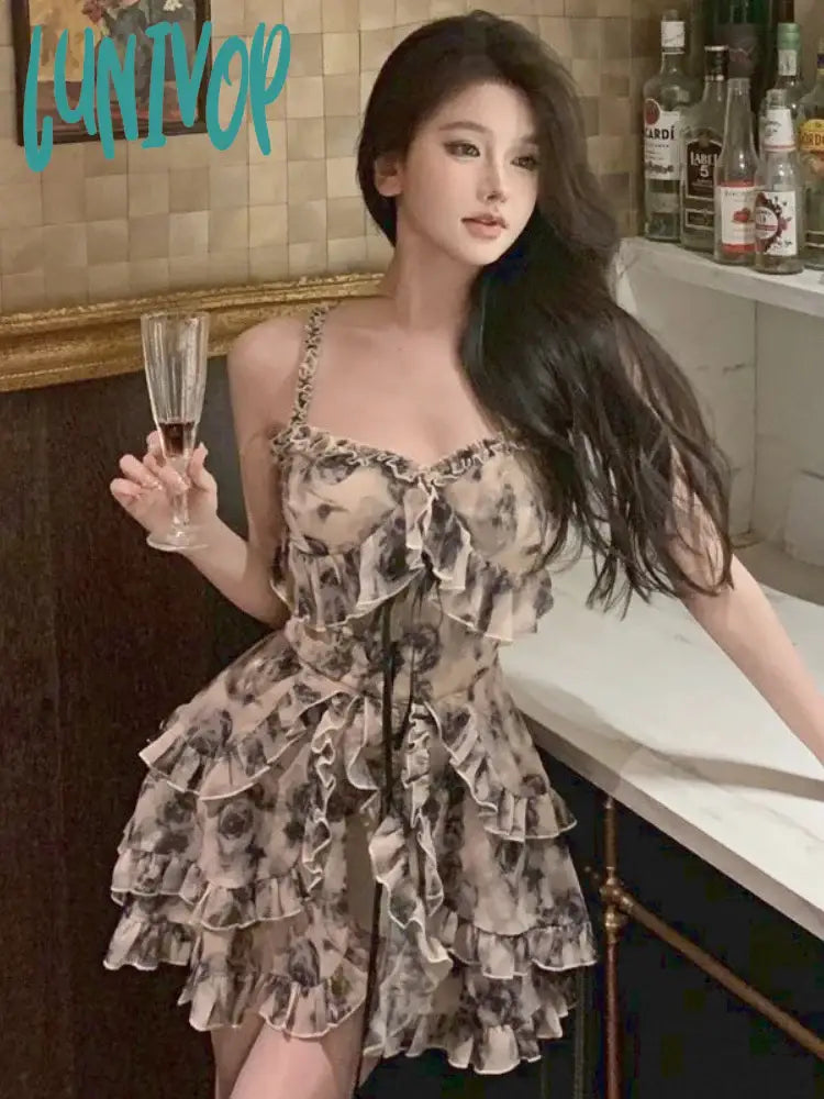Lunivop Floral Print Vintage Dress Women Korean Fashion Party Strap Mini Female Ruffle Flounce