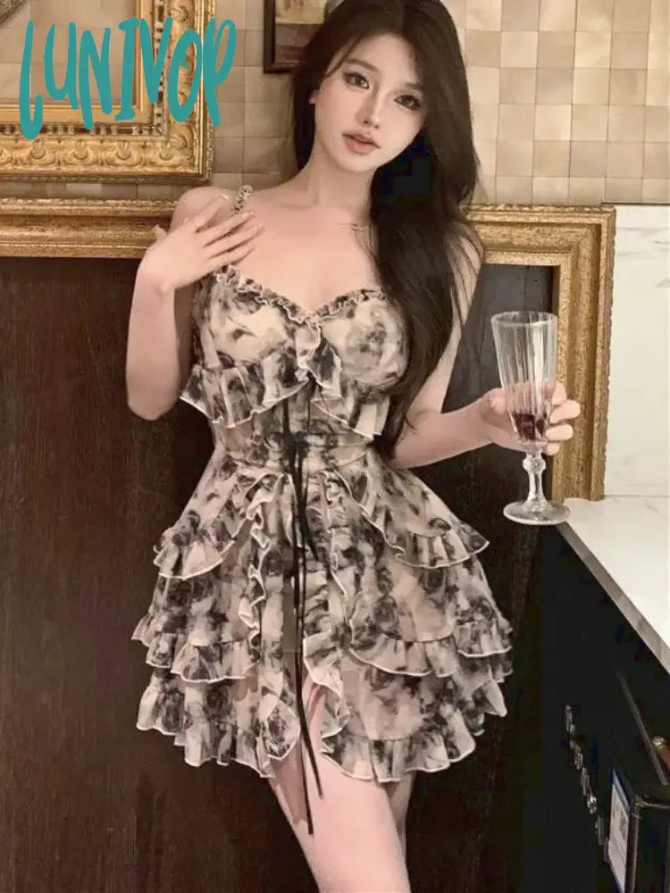 Lunivop Floral Print Vintage Dress Women Korean Fashion Party Strap Mini Female Ruffle Flounce
