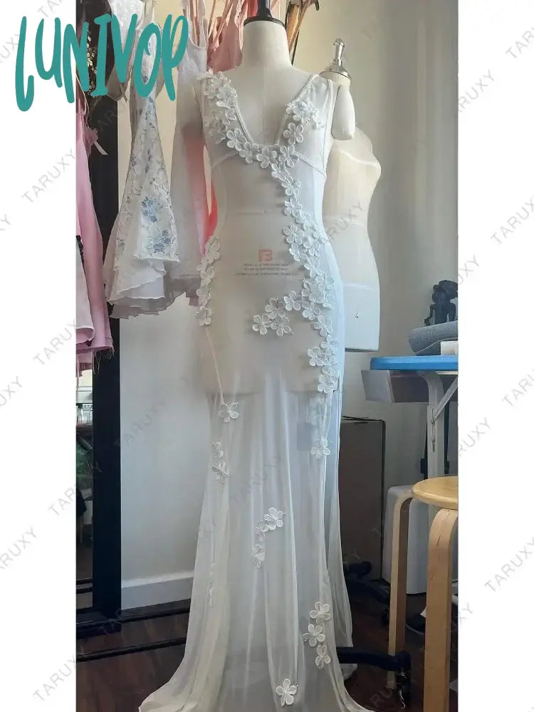 Lunivop Floral White Dress For Women See-Through Maxi Bodycon Summer Lace Chiffon Wedding Party