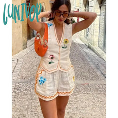 Lunivop Flower Embroidery Vest Shorts Set Women Sleeveless V Neck Button Female Waistcoat Sets 2024