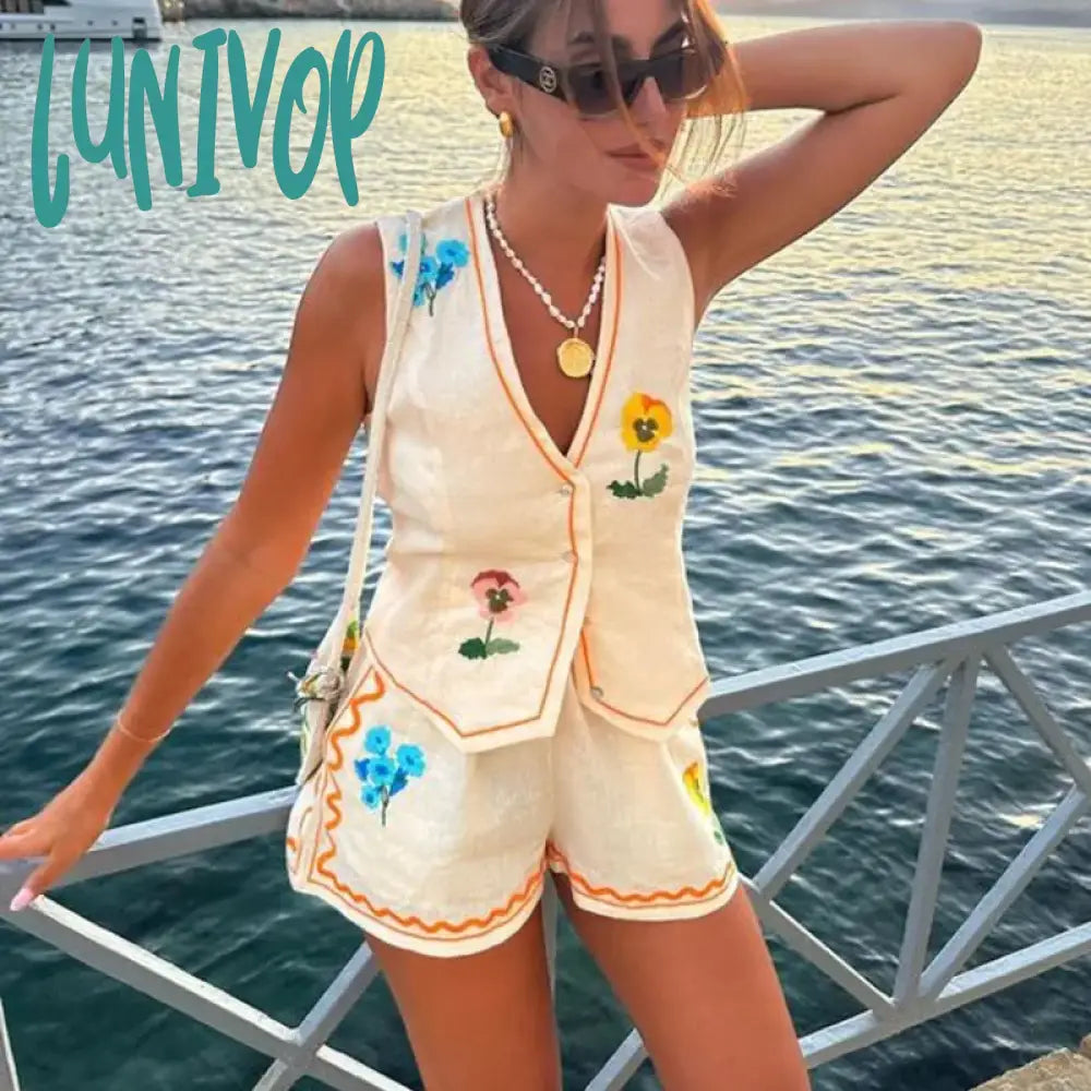 Lunivop Flower Embroidery Vest Shorts Set Women Sleeveless V Neck Button Female Waistcoat Sets 2024