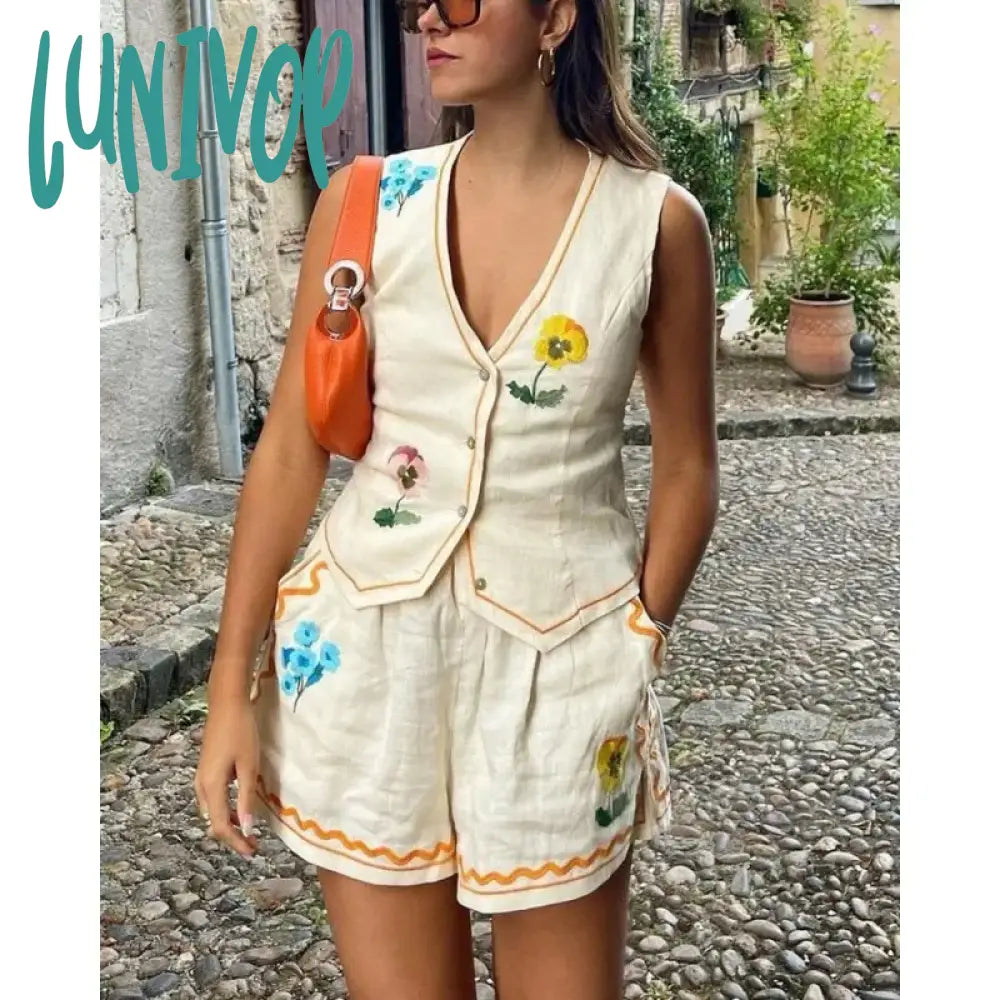 Lunivop Flower Embroidery Vest Shorts Set Women Sleeveless V Neck Button Female Waistcoat Sets 2024