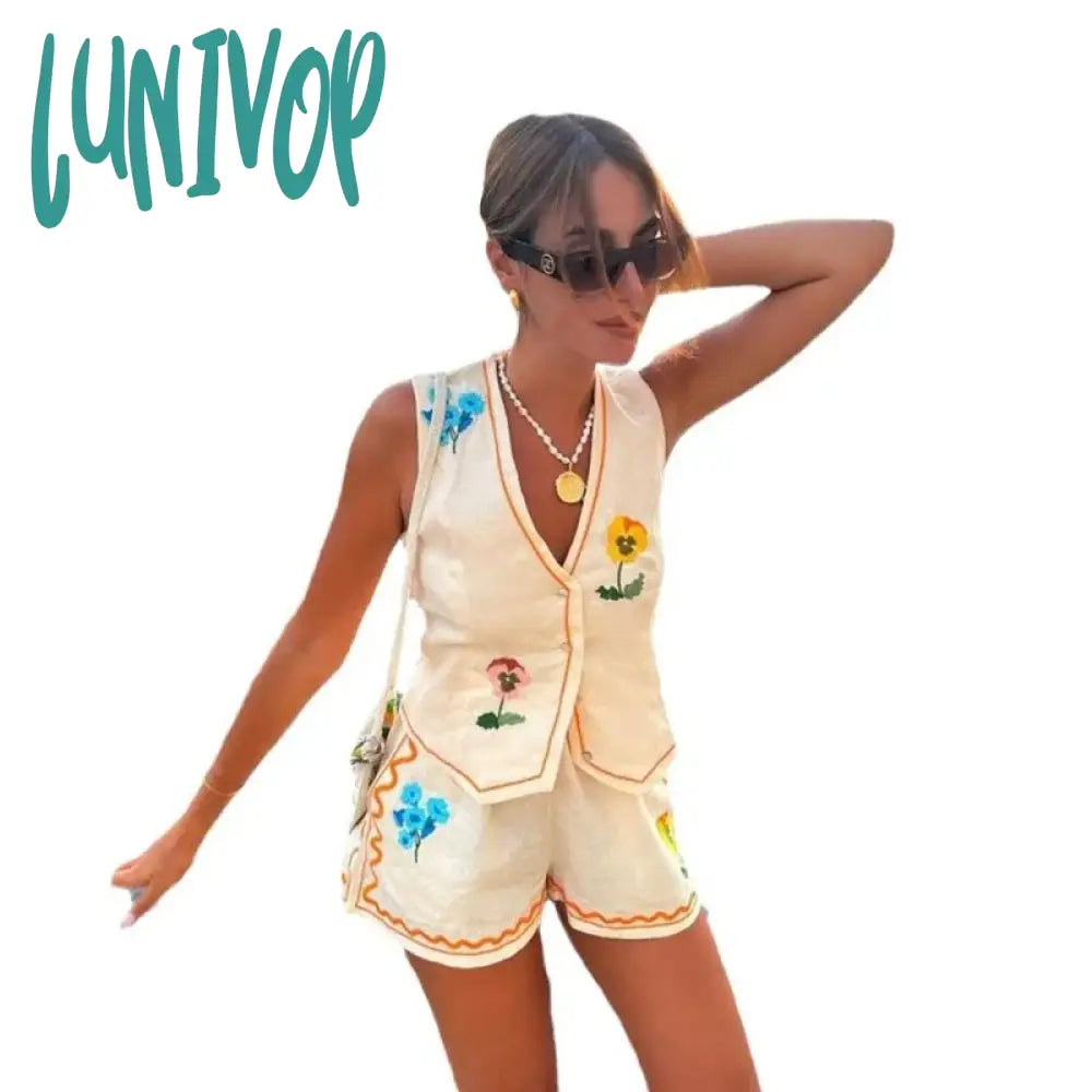 Lunivop Flower Embroidery Vest Shorts Set Women Sleeveless V Neck Button Female Waistcoat Sets 2024