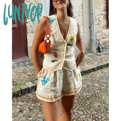 Lunivop Flower Embroidery Vest Shorts Set Women Sleeveless V Neck Button Female Waistcoat Sets 2024