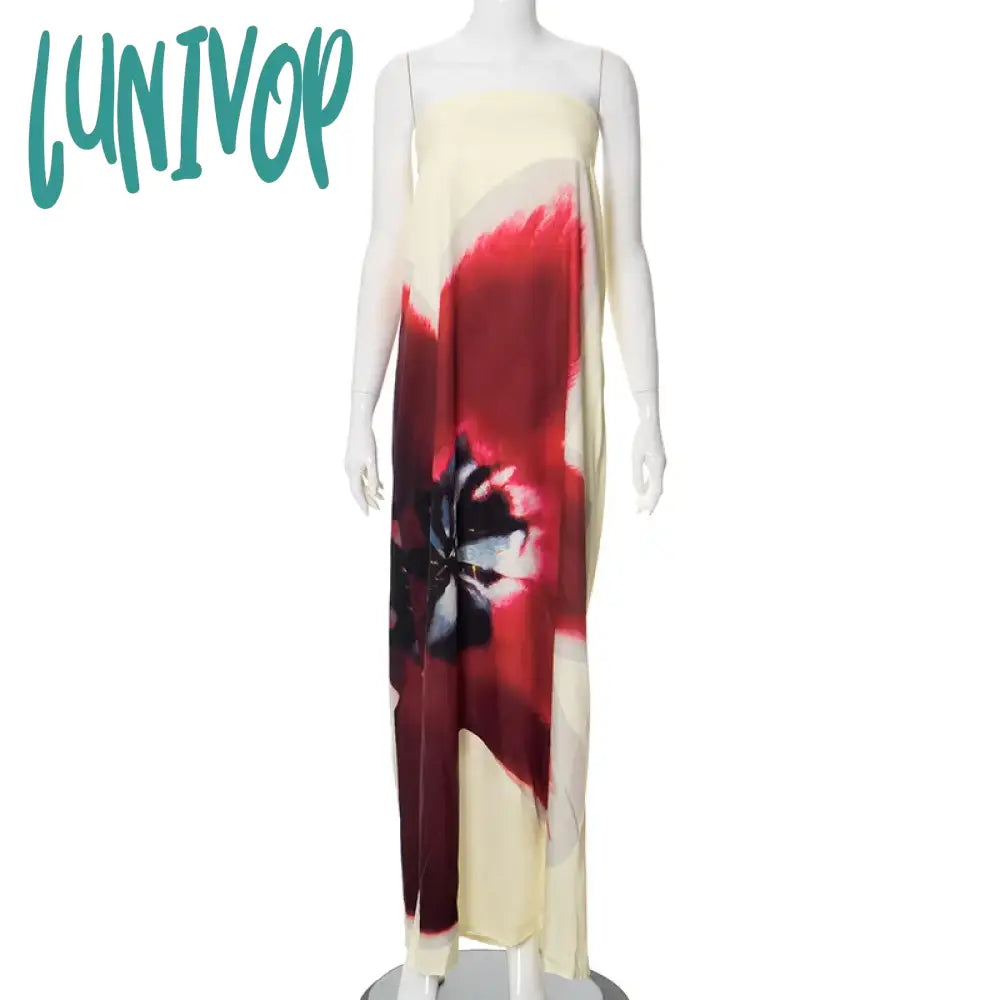 Lunivop Flower Print Holiday Dress Women Elegant Sexy Backless Strapless Maxi Dresses Summer