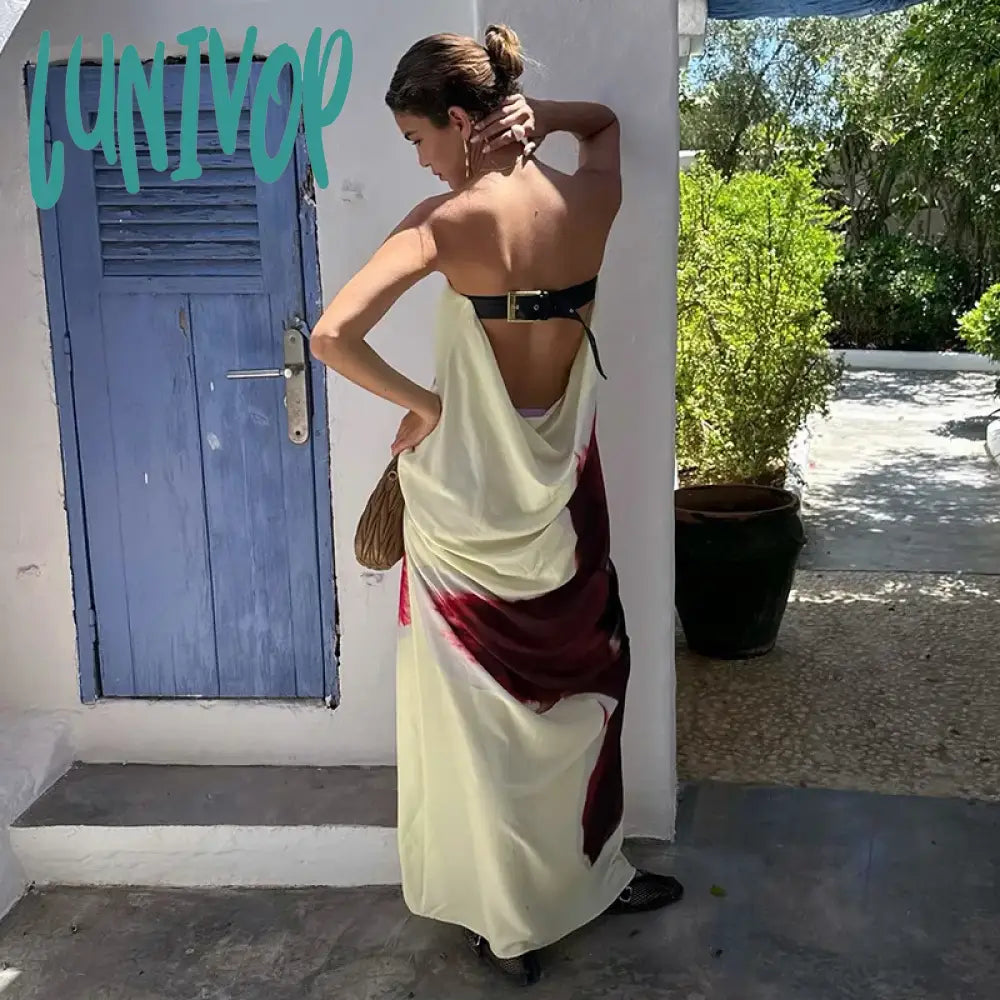 Lunivop Flower Print Holiday Dress Women Elegant Sexy Backless Strapless Maxi Dresses Summer