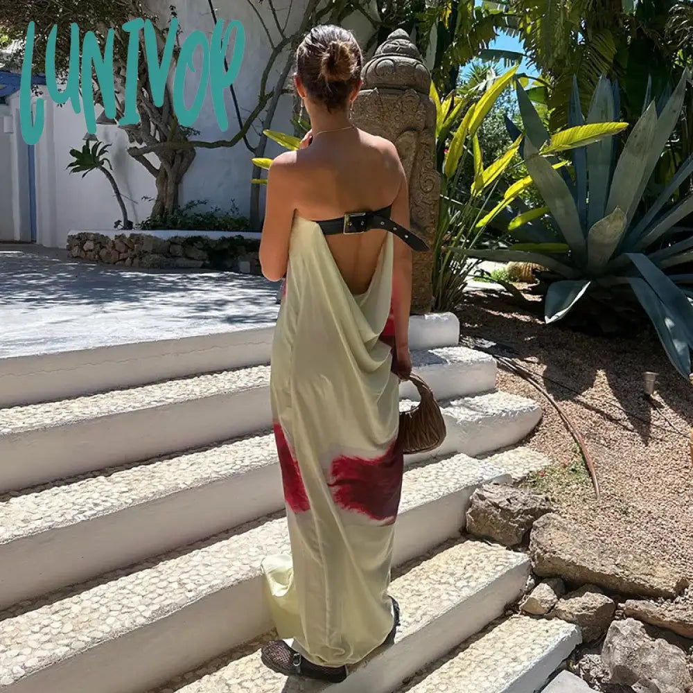 Lunivop Flower Print Holiday Dress Women Elegant Sexy Backless Strapless Maxi Dresses Summer