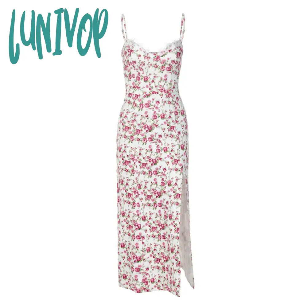 Lunivop Flower Print Sling Maxi Dress Women Y2K Split Halter Fashion Bohe Sleeveless Bodycon