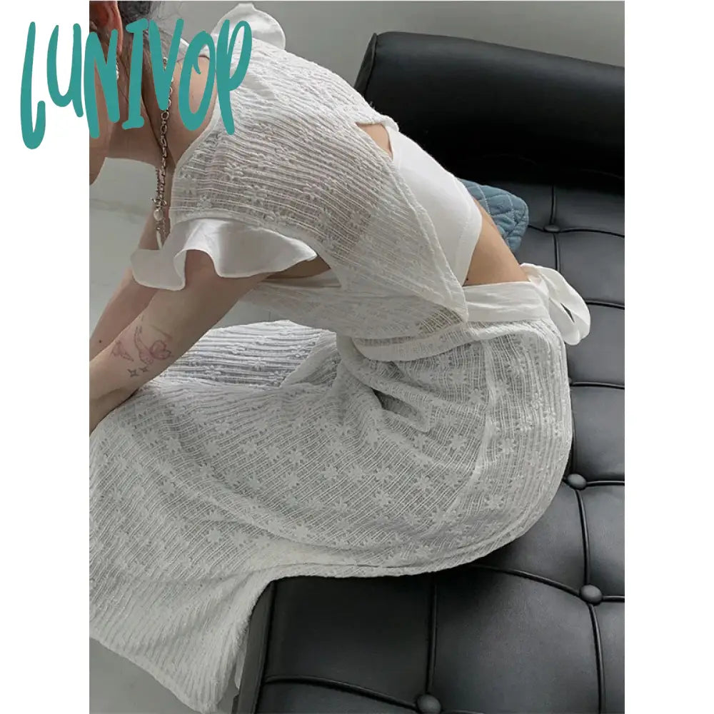 Lunivop Flying Sleeve Dress Women Solid Bandage Hollow Out A Line Midi Dresses Elegant Korean Chic