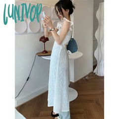 Lunivop Flying Sleeve Dress Women Solid Bandage Hollow Out A Line Midi Dresses Elegant Korean Chic