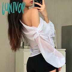 Lunivop Folds Flower Cover Ups For Women Mesh Sheer Long Sleeve Oversized Shirts Ladies Beach Sexy