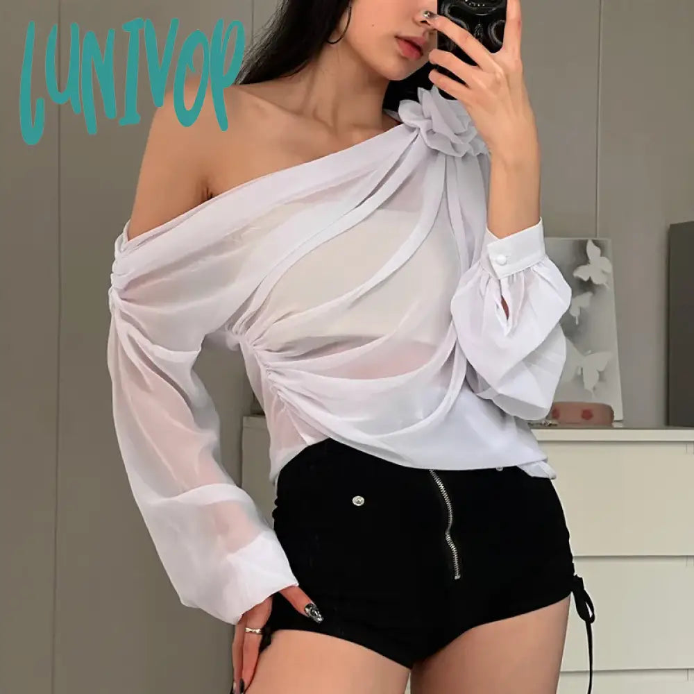 Lunivop Folds Flower Cover Ups For Women Mesh Sheer Long Sleeve Oversized Shirts Ladies Beach Sexy