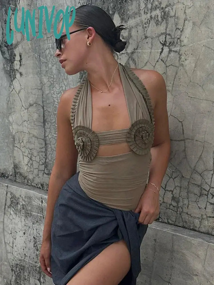 Lunivop Folds Sunflower Tank Top Women Mesh Bodycon Sleeveless Slim Crop Tops Ladies Club Party
