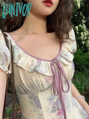 Lunivop France Elegant Floral Print Dress Women Bow Vintage Party Long Female Puff Sleeve Korean