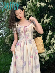 Lunivop France Elegant Floral Print Dress Women Bow Vintage Party Long Female Puff Sleeve Korean