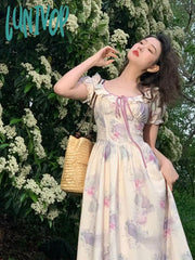 Lunivop France Elegant Floral Print Dress Women Bow Vintage Party Long Female Puff Sleeve Korean