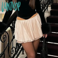 Lunivop France Satin Pleated Skirt For Women Solid Loose High Waist Mini Skirts Female Street