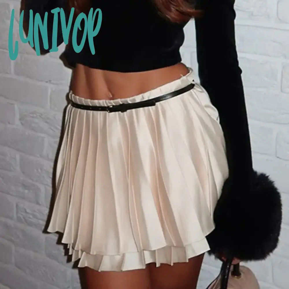 Lunivop France Satin Pleated Skirt For Women Solid Loose High Waist Mini Skirts Female Street