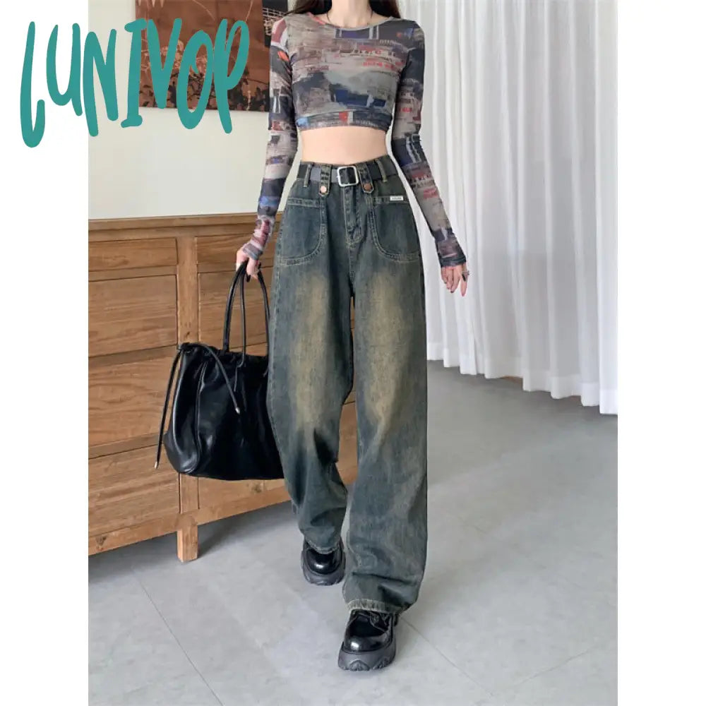 frat boy outfits Autumn New plus Size High Waist Straight Slimming Versatile Draping Fashion Narrow Denim Wide Leg Pants
