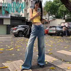 frat outfits Retro Washed High Waist Wide Leg Jeans 2024 Summer New American Hot Girl Distressed Draping Mop Straight Pants