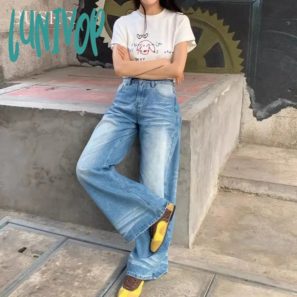 frat outfits Retro Washed High Waist Wide Leg Jeans 2024 Summer New American Hot Girl Distressed Draping Mop Straight Pants